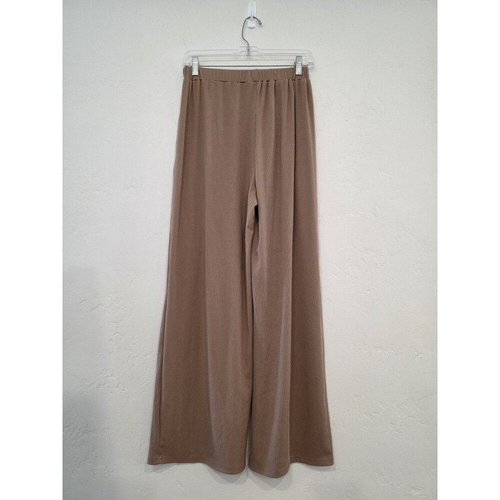 Cider Women's Wide Leg Ribbed Palazzo High Rise Pants Size L Nude Coffee Beige - Picture 3 of 8